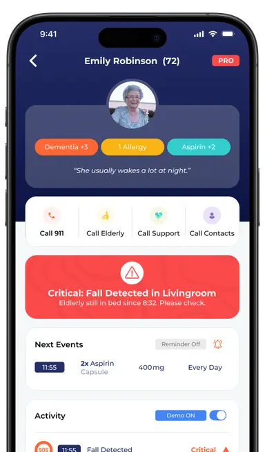 Seenyor app showing a critical fall detected alert
