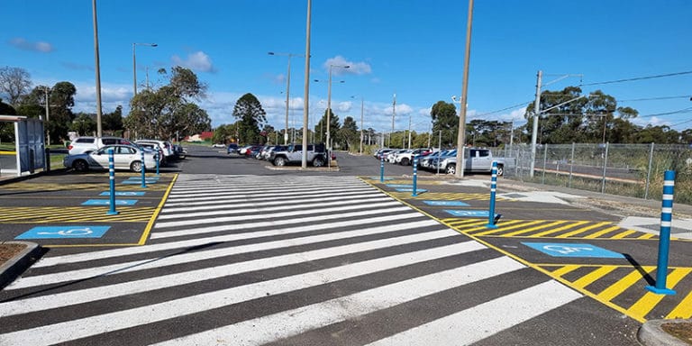 Carpark with Blue Flexible Carpark Bollards 1300mm High